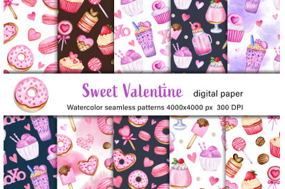 Valentine&#039;s Day sweets watercolor digital paper. Love seamless pattern