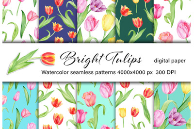 Tulips blossom watercolor digital paper. Bright spring flowers pattern