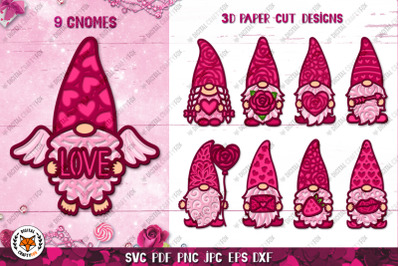 3D Gnome Valentine Bundle SVG | 3D Valentine Gnomes SVG