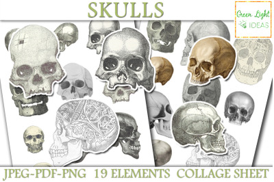 Vintage Skulls Printable Collage Sheet, Creepy Skulls Illustrations