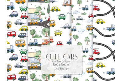 Cute cars seamless patterns- Digital paper- 5 PNG, EPS, JPEG