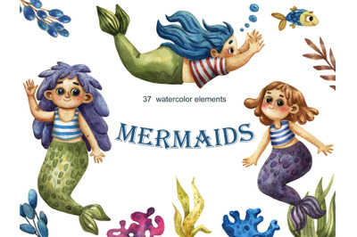 Mermaids - Watercolor Clipart