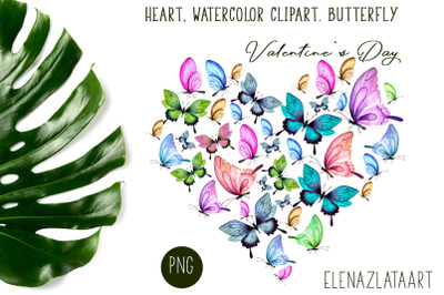 Heart&2C; Butterfly watercolor clipart. Valentines Day