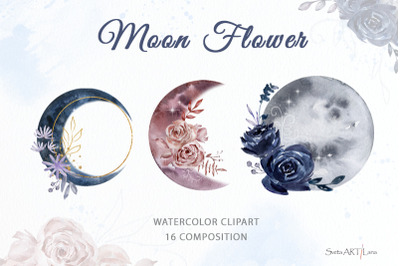 Watercolor Flower Moon Clipart