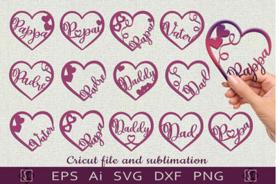 Hearts with the word dad. SVG cutting and sublimation.