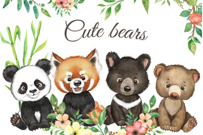 Cute bears watercolor clipart. Forest baby animals. Animals and flower