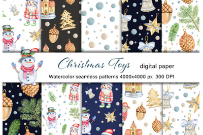 Watercolor christmas toys digital paper. Hand painted christmas set
