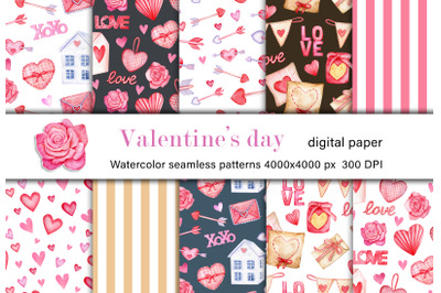 Valentine&#039;s Day decorations watercolor digital paper. Love pattern