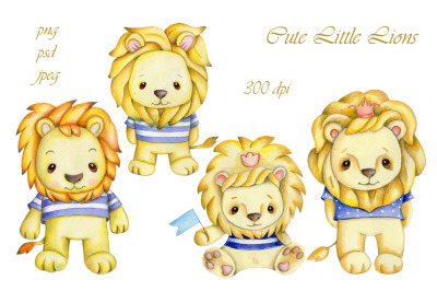 Four Cute Little Lions. Watercolor illustrations.