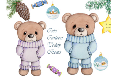 Cute Cartoon Teddy Bears. Watercolor.