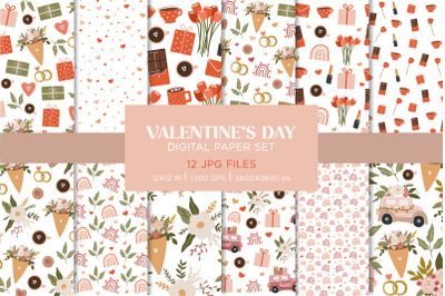 Valentine&#039;s Day Digital Paper Set, Seamless Pattern, Hearts Digital Pa