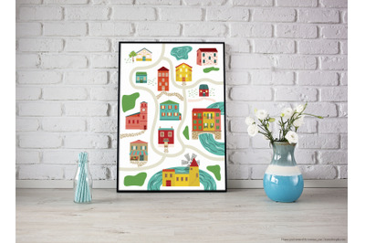 Village Map Wall Art | Printable small town poster | Kids bedroom Nurs