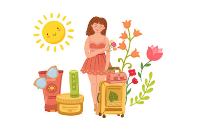 Woman dream about travel. Tourist character, female with suitcase. Sun