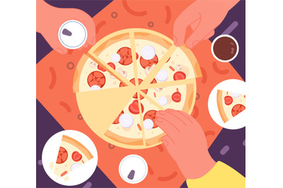 Friends dinner with pizza. Top view lunch, fast food delivery. Hands t