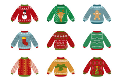 Cartoon ugly sweater. Christmas sweaters collection, decorative holida