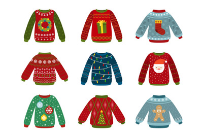 Christmas holiday sweater. Ugly sweaters, xmas jumper. Flat winter war