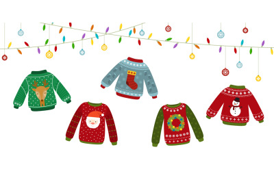 Ugly sweater banner. Celebrating&2C; christmas sweaters and garlands. Hap