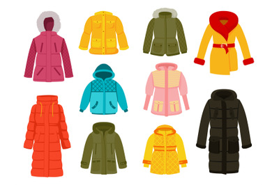 Warm winter clothes. Clothing icons, women seasonal cloth. Casual and