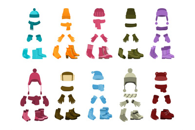 Cartoon winter accessories. Colorful girl warm clothes, isolated kid h