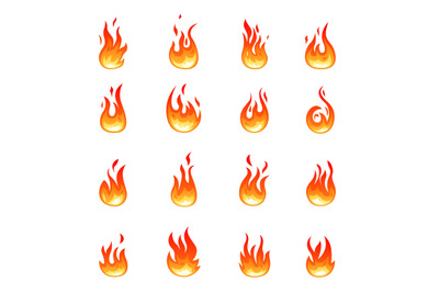 Cartoon fire icons. Orange blaze symbols, flame emblems. Isolated camp