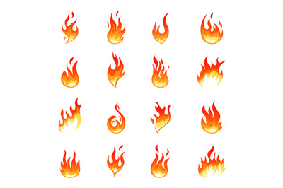 Cartoon flame collection. Hot fire flames, isolated glowing red heat.