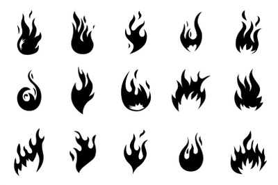 Black fire icons. Flames shapes. Heat fires silhouettes. Isolated hot