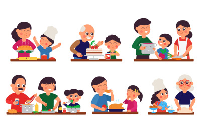 Parents and children prepare food. Person cooking, cartoon family dinn