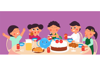 Kids dinner. Children eat rice, school lunch. Cute cartoon toddlers si