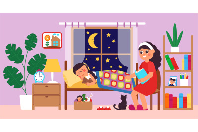 Children bedtime. Mother putting daughter bed, mom reading story to ch