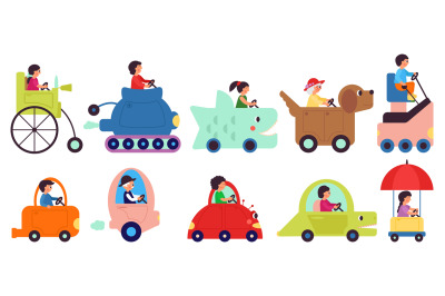 Cartoon child transportation characters. People drive vehicle, happy r