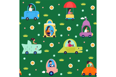 Kids transport pattern. Transportation&2C; cartoon people driving toys ca