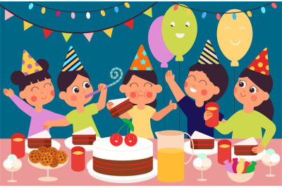 Kids birthday party. Happy cute children, toddlers eating sweets desse