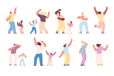 Dancing family. Happy dancer children, activities isolated parents and