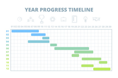 Project schedule. Year timeline, work development chart template. Gant