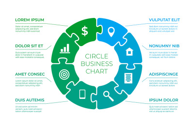 Puzzle circle infographics. Puzzles piece in round diagram, step by st