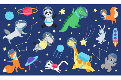 Cartoon space animals. Cute astronaut animal in costume, universe trav