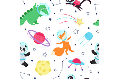 Space animals seamless pattern. Cute animal, galaxy kids adventures pr