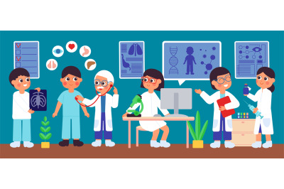 Hospital checkup. Healthcare&2C; man medical exam. Doctor&2C; scientist and