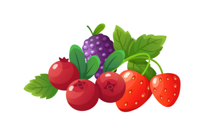 Cartoon berries. Fresh berry, isolated strawberry cranberry blackberry