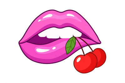 Cartoon lips with red cherry. Sexy female mouth, isolated kiss patch.