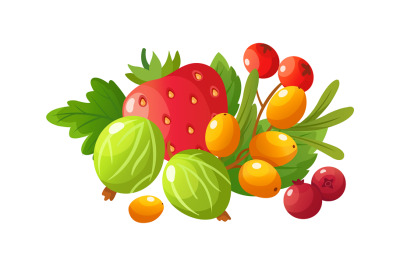 Cartoon ripe berries. Gooseberry, red strawberry and fresh cranberry.