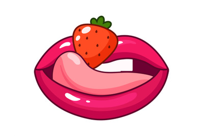 Female lips eat strawberry. Cartoon sexy sticker, isolated red mouth w