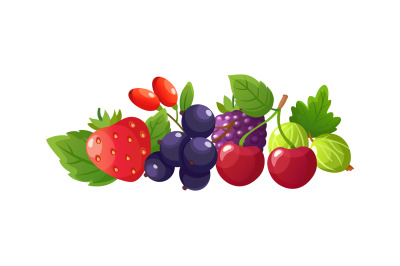 Fresh berries composition. Isolated cartoon berry, red cherries strawb