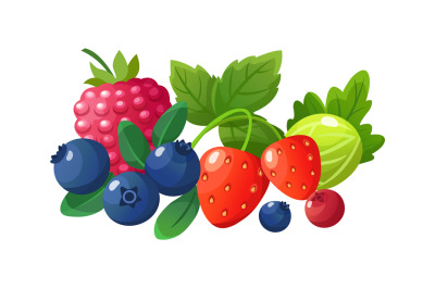 Isolated cartoon berries. Red raspberry, fresh gooseberry blueberry st