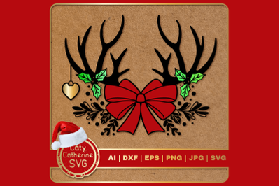 Deer Antler Christmas Garland with Bow SVG Cut File