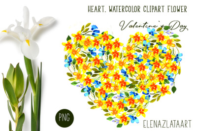 Heart, flower watercolor clipart. Valentines Day