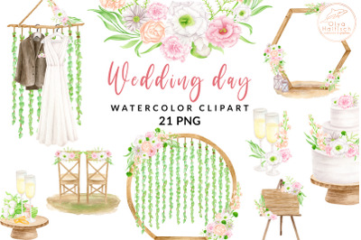 Watercolor Wedding Day Clipart Set. Wedding Arch, Dress, Flowers PNG