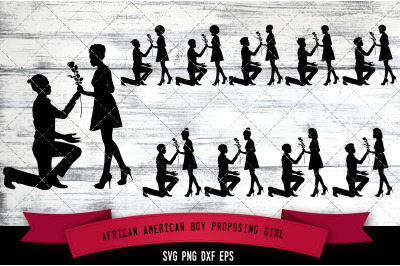 African American Boy proposing girl with flower Silhouette SVG