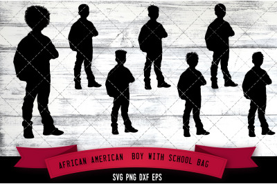 African American Boy with School Bag Silhouette SVG