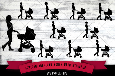 African American Woman with Stroller Silhouette SVG